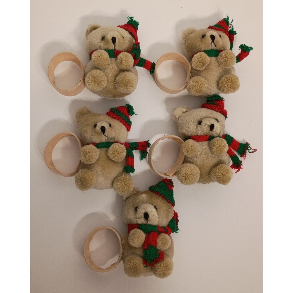 REED Hat & Scarf Christmas Vintage Teddy Bear Plush Napkin Ring Holder SET/5